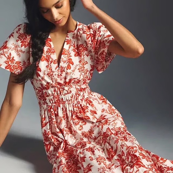 Anthropologie Somerset Red and White Floral Short Sleeve Maxi Dress - Picture 1 of 8